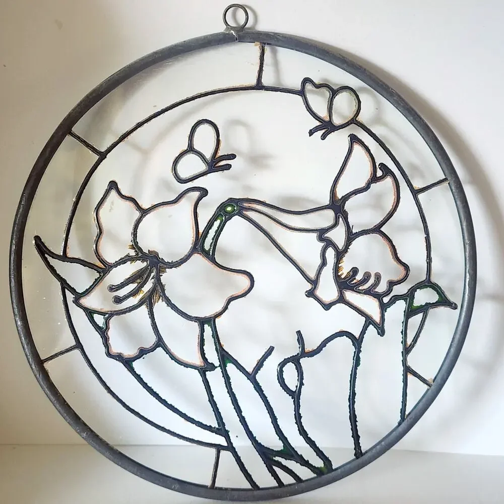 Stained Glass Suncatcher Clear Flowers & Butterflies 6 3/4” Round See Pictures